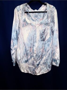 Good American Oversized Blue Marble Print Silk Button Down | Size Small
